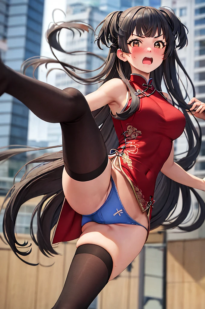 masterpiece, Highest quality, Confused, 1 girl, Looking at the audience,Embarrassed、、City、blush　　Surprised　Red Chinese Dress　Blue panties　tights　From below　Brown Hair　Black leg ((High Kick))　Perfect Legs　Beautiful legs
