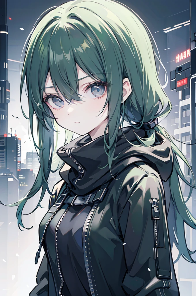 dark green short ponytail , black eye, severe dark circles , droopy eyes , cyberpunk hood , Timid , dependent , androgynous , heartless