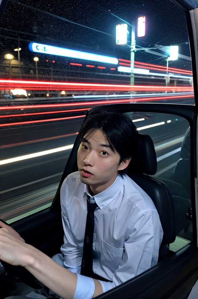 Tokyo night time:1.2)、(A 30-year-old Japanese male office worker、He has a dull look on his face.:1.1)、Sitting alone in the back seat of a car、Has a surprised look on his face