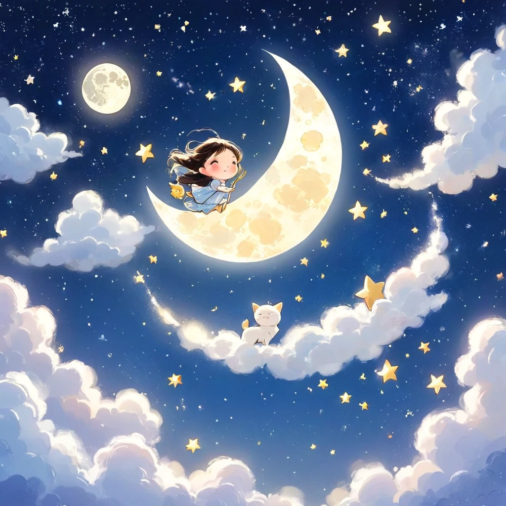 Close-up shot of cartoon characters flying in the sky, Lovely digital art, cute illustration, in the moon, Lovely digital painting, the Moon and stars, dreamy illustration, illustration, to the moon, Moon and stars, illustration!, a beautiful artwork illustration, Lovely and detailed digital art, lovely artwork, author：Ni Duan, cute storybook illustration