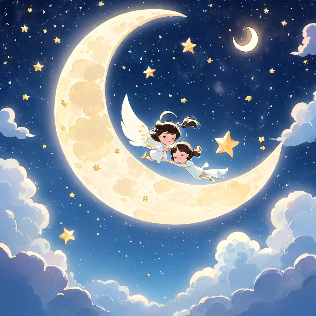 Close-up shot of cartoon characters flying in the sky, a storybook illustration by Ni Duan, tumblr, Digital art, cute Digital art, cute illustration, in the moon, Lovely digital painting, the Moon and stars, dreamy illustration, illustration, to the moon, Moon and stars, illustration!, a beautiful artwork illustration, cute detailed Digital art, lovely artwork