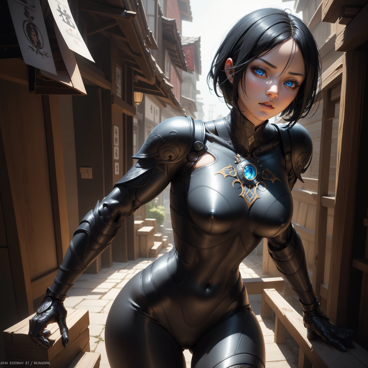 1girl!!!, short bob hair, black hair, small breasts!!, blue eyes, fair skin, bored face, sexy tight black ninja outfit, bare arms, bare legs, full body, full body, medieval japanese town, very sexy body, detailed face, beautiful detailed eyes, beautiful detailed lips, extremely detailed eyes and face, long eyelashes, detailed clothing, intricate details, highly detailed, photo realistic, 8k, best quality, masterpiece, cinematic lighting, dramatic lighting, vibrant colors, fantasy, digital art, concept art
