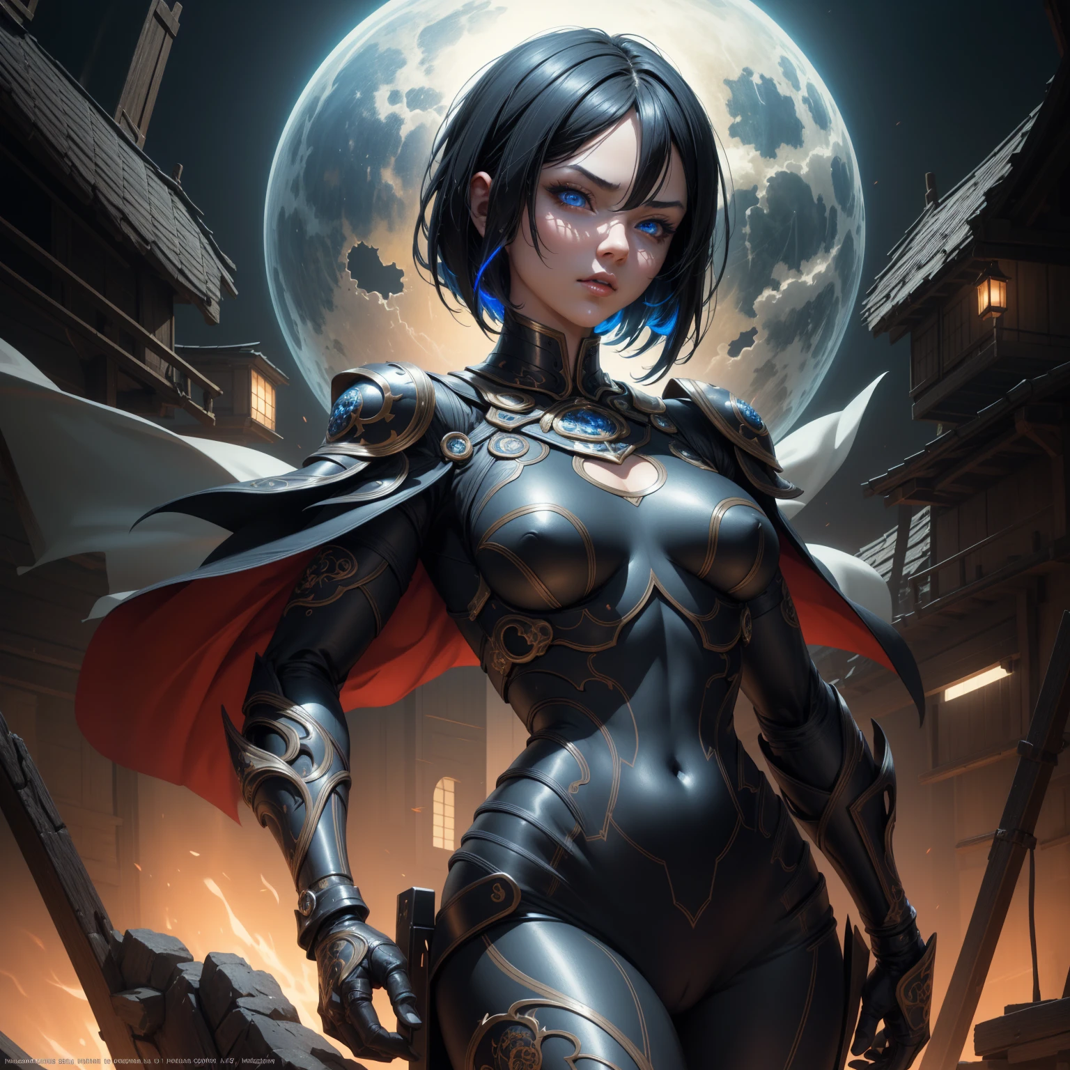 1girl!!!, short bob hair, black hair, small breasts!!, blue eyes, fair skin, bored face, sexy tight black ninja outfit, bare arms, bare legs, medieval japanese town, very sexy body, detailed face, beautiful detailed eyes, beautiful detailed lips, extremely detailed eyes and face, long eyelashes, detailed clothing, intricate details, highly detailed, photo realistic, 8k, best quality, masterpiece, cinematic lighting, dramatic lighting, vibrant colors, fantasy, digital art, concept art