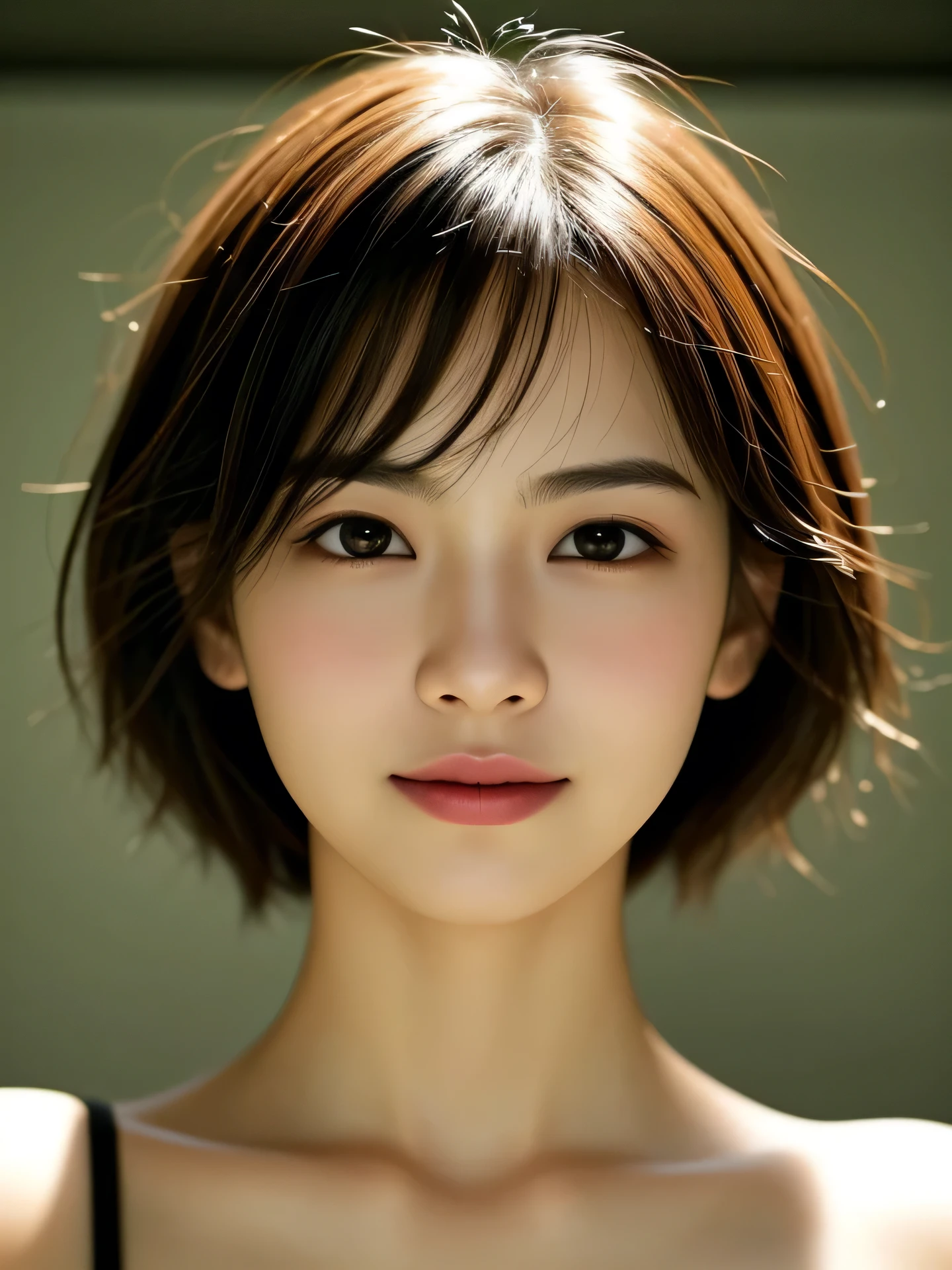 (Photo Real:1.4), (hyper realisitic:1.4), (Smooth lighting:1.05), 1 girl, so embarrassed that I instinctively turned face away, open your mouth to say something, Close-up of the face, Soft lighting, Back lighting, (cheerfulness:1.2), (Finest Real Textured Skins), Narrow-eyed, Super fine face, glowy skin, retinas, Anatomically correct, acurate, (short Hair:1.1), Textured skin, High quality, high details, Best Quality, High resolution, indoor,