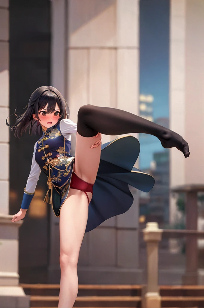 masterpiece, Highest quality, Confused, 1 girl, Looking at the audience,Embarrassed、、City、blush　　Surprised　China dress　Red panties　tights　From below　Black Hair　Black leg ((High Kick))　Perfect Legs　Beautiful legs
