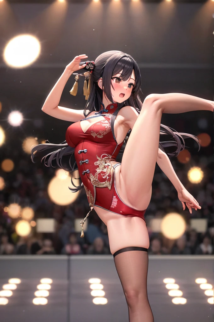 masterpiece, Highest quality, Confused, 1 girl, Looking at the audience,Embarrassed、、City、blush　　Surprised　China dress　Red panties　tights　From below　Black Hair　Black leg ((High Kick))　Perfect Legs　Beautiful legs
