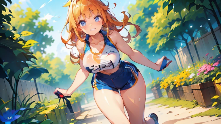 ((1 girl)), Latest trends in clothing, cheerful grin, animated expressions, Sportswear, shorts,blackstockings, racing, Garden ,((very detailled,highest quallity, high resolution, 8 k wallpaper, pretty clothing,)),(hair orange, Hair to the shoulders, juvenile,bouncy hair, ((asymmetrical bangs)) ,(shining blue eyes),ombre, eyeliner,glowing eye, very detailledな目, complex eyes, gorgeous eyes, 輝くBright blue eyes 17 year old
