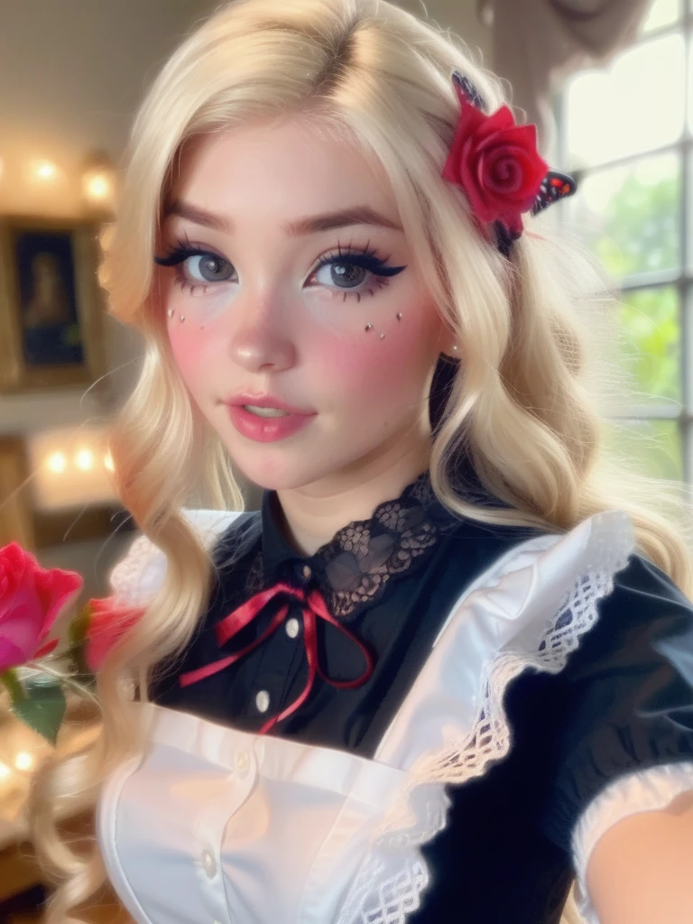 1girl, solo, masterpiece, a beautiful woman, 20-year-old woman, intricate details, realistic, blurry background, focus,
lighting, cinematic,
closeup, detailed eyes,
shiny hair, shiny, shiny skin, shiny clothes,
blonde hair, doll eyes,
maid skirt, maid shirt, sexy,
tattoos, freckles, butterflies, roses
Belle Delphine