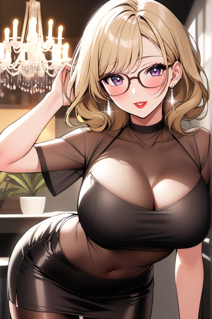 Hot sexy beautiful cute milf,brown see through t shirt,black pencil skirt, silver chandelier earrings,big breasts,  lipstick,makeup, blonde hair,two falling hair strands,blush,short hair , glasses , purple eyes, stockings 