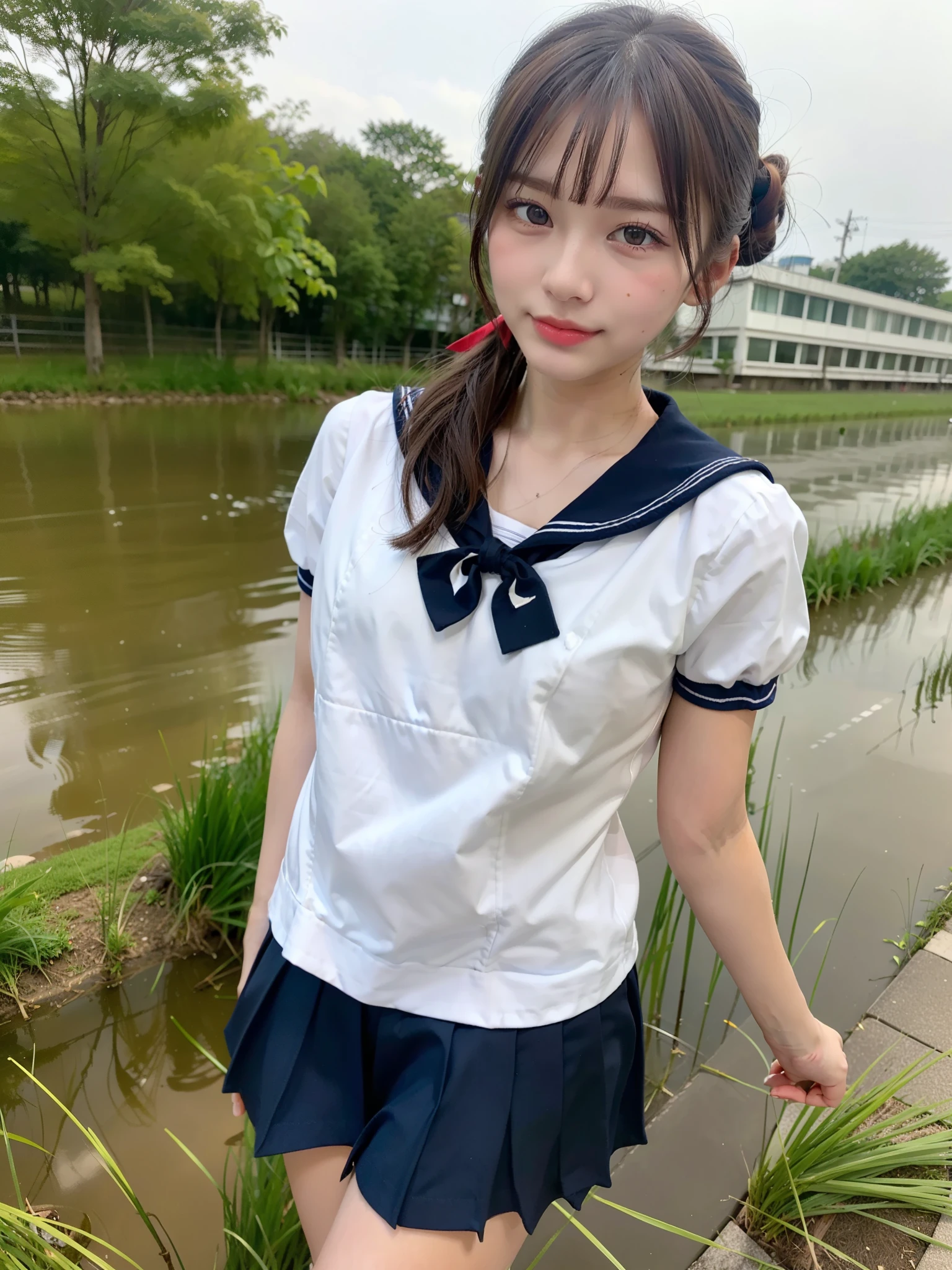 ((Best of the highest quality, 8k, Masterpiece, raw photo: 1.2)), (Sharp focus: 1.2), (1 AESPA, slim body type female, 21 y/o: 1.1), (solo: 1.28), (realistic, photo-realistic:1.37), face focus, cute face, finely eyes, (droopy eyes: 1.32), (Emphasize prominent aegyo-sal with bright: 1.2), shimmering eyeshadow applied under the lower lash line, paired with thick, (small breasts, flat chest, Thigh: 1.3), (short messy hair, updo: 1.28), (school sailor uniform, ribbon: 1.32), walking river, (rice field, paddy field: 1.1), flower, (from below: 1.16)