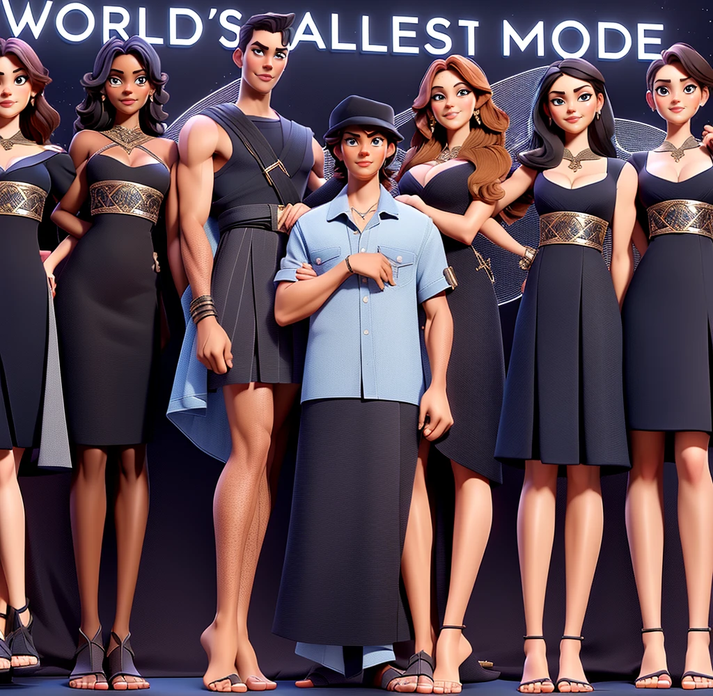 Three tall girls on the lfe left, three tall girls in the right, short man in the middle, the girls are much taller than the man, girls have big  and cleavage, girls are wearing black, man is wearing blue shirt, girls are standing barefoot, man is wearing shoes,