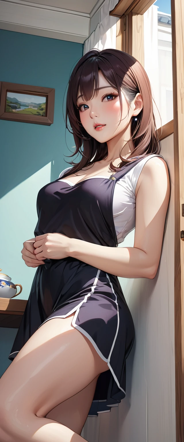 (masterpiece,Highest quality,Ultra-high resolution),,(ultra best illustration), (best shadow),high quality,(ultra detailed:1.15),hyper detailed,insanely detailed, exquisite,beautiful,absurdres,1 woman,Japanese women,(house wife:1.5),(40 years old:1.3),(middle-aged:1.49),(Small and round face:1,19),medium skin,shiny skin,detailed skin,detailed face,beautiful breasts,small breasts,Retinal Detail,side part,straight hair,long hair,short-sleeved shirt,culottes,