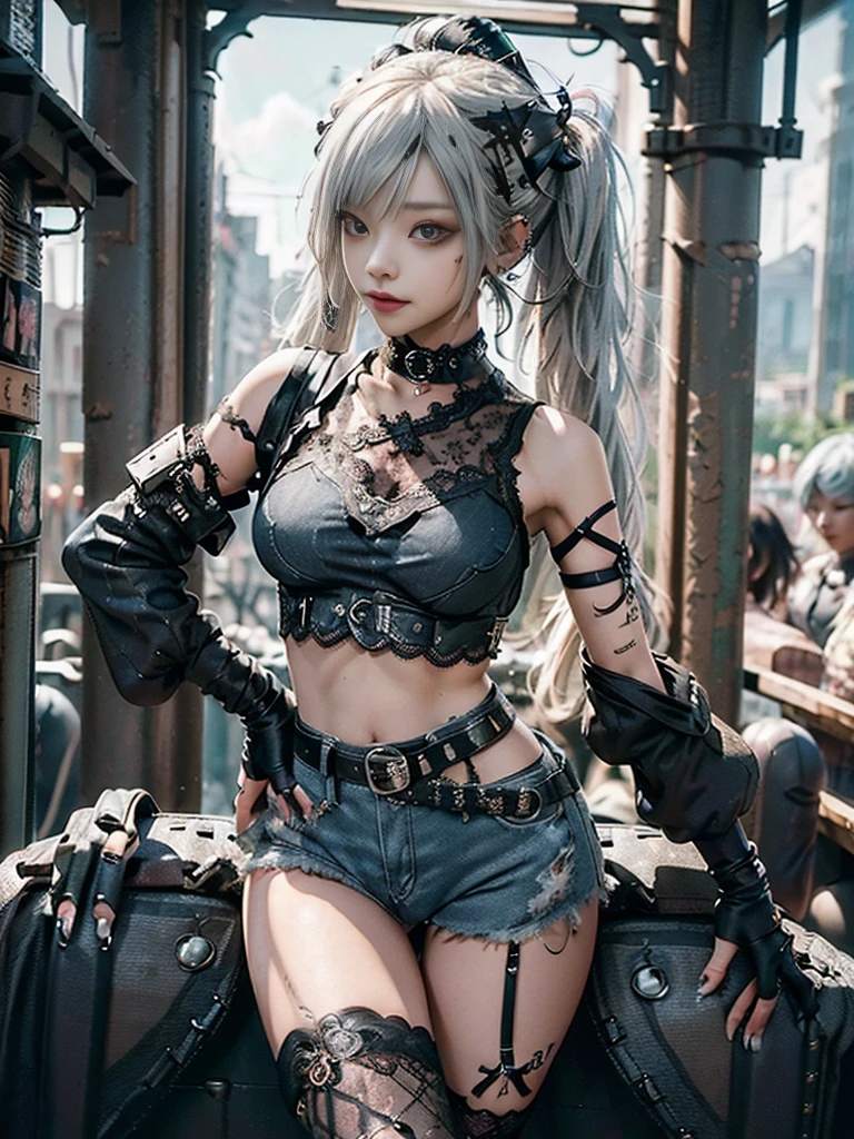 (Full Body View:1.3)、(Side view:1.1)、(Wearing a thong:1.4)、(Accentuate your butt:1.3)、(Smiling with teeth showing:1.3),(Shibuya Gal:1.5)、(Neo-goth style fashion:1.5)、(Punk RockVisual Kei:1.4)、(A high-leg bodysuit in a delicate design of denim, silver and black:1.5)、(Denim, black gloves and sailor shirt:1.5)、(Denim high heels:1.3)、(Wearing silver accessories:1.5)、(Denim collar:1.4)、(Black Leather Garter Belt:1.4)、(Brown Skin Belt:1.3)、(Black lace underwear:1.5)、20-year-old、NSFW、((Highest quality、In 8K、masterpiece:1.3))、Sharp focus:1.2、(Layered Cut、Huge boobs:1.1),Beautiful woman with perfect figure:1.4、(Dancing vigorously:1.3)、Slender Abs:1.2、Highly detailed face and skin texture、Detailed eyes、double eyelid,(Twin tails:1.3)、(Cream colored hair:1.3)、Gravure idol、(The Caribbean cityscape in the background:1.3)、(Slim body:1.3),(Make your legs thinner:1.4),(clavicle:1.1)