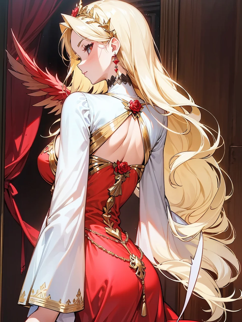 Add in roses to her dress, a good back dress design with some golden jewelry, make her dress into a red and white gown with a hat, give her some unique Jewelry, and make her look somewhat of a demonic angel like appearance to her