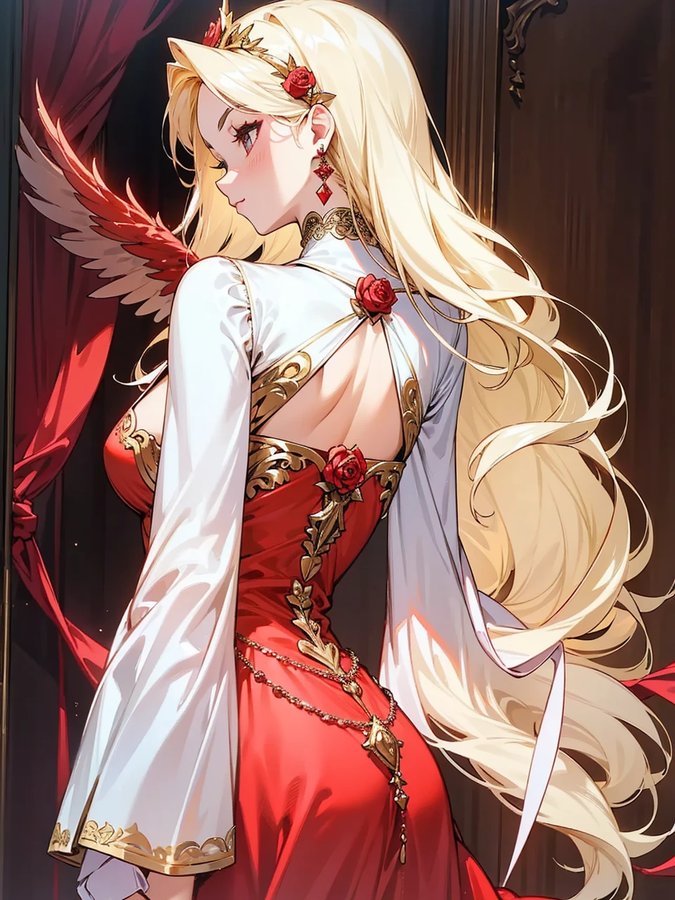 Add in roses to her dress, a good back dress design with some golden jewelry, make her dress into a red and white gown with a hat, give her some unique Jewelry, and make her look somewhat of a demonic angel like appearance to her