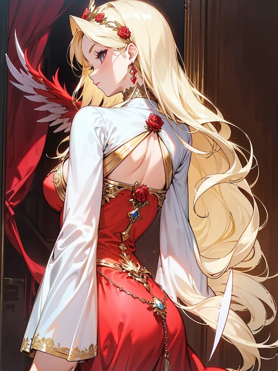 Add in roses to her dress, a good back dress design with some golden jewelry, make her dress into a red and white gown with a hat, give her some unique Jewelry, and make her look somewhat of a demonic angel like appearance to her
