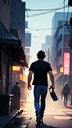 On a night in a large metropolis, a man is seen walking down the street, his name is Lucas, he has dark hair, wears a black t-shirt and jeans comic book illustration