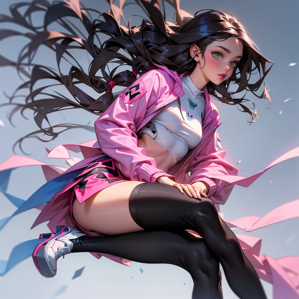 A woman, long hair, Dark brown hair, Green eyes, pink lip, white shirt, deep blue shorts, pink jacket, black tights, white legs warm, black shoes.