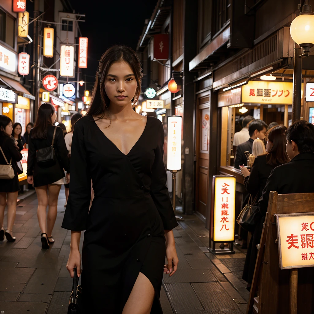 Female supermodel. Black cocktail dress. Dim, soft lighting. Sunset. Sugamo Jizodori Shopping Street, Tokyo, Japan. Sunset.