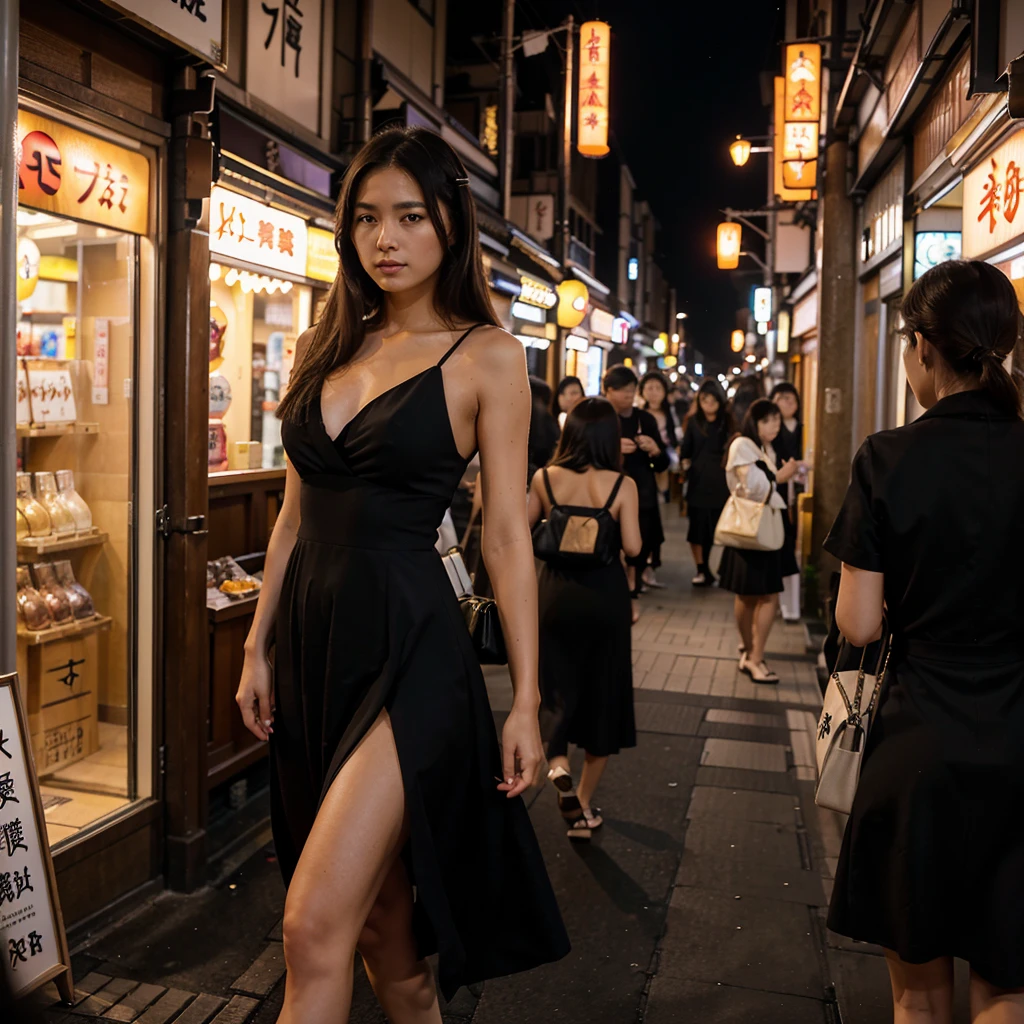 Female supermodel. Black cocktail dress. Dim, soft lighting. Sunset. Sugamo Jizodori Shopping Street, Tokyo, Japan. Sunset.