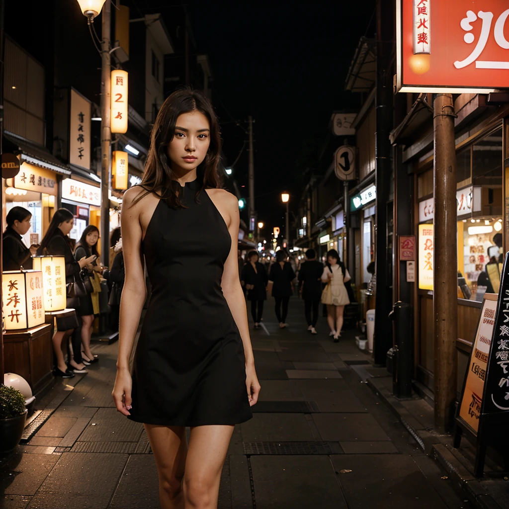 Female supermodel. Black cocktail dress. Dim, soft lighting. Sunset. Sugamo Jizodori Shopping Street, Tokyo, Japan. Sunset.