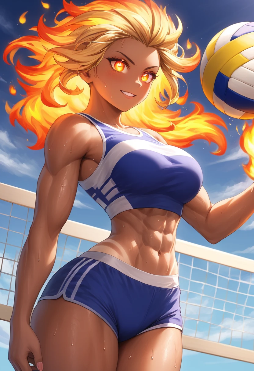 Prompt 

detailed illustration, (front view), (side view),dynamic angle, ultra-detailed, illustration, clean line art, shading, anime, detailed eyes, detailed face, beautiful face, dramatic lighting, detailed illustration, dynamic angle, ultra-detailed, illustration, single woman 

Fit, toned abs, ((volleyball shorts)), ((fundoshi breast wrap)), volleyball player, big round ass, big tits, caramel tan skin, dark skin tone, wide hips, narrow waist, thunder thighs, (blazing blonde hair), (glowing eyes), glowing sclera, muay thai wraps, small strong biceps, sweat, ((bandaged breasts)), flaming hair, hair is fire, flames rolling down skin, clothes catching on fire, embers, sweats fire, sweat is fire, tan lines, Hispanic, Latina 