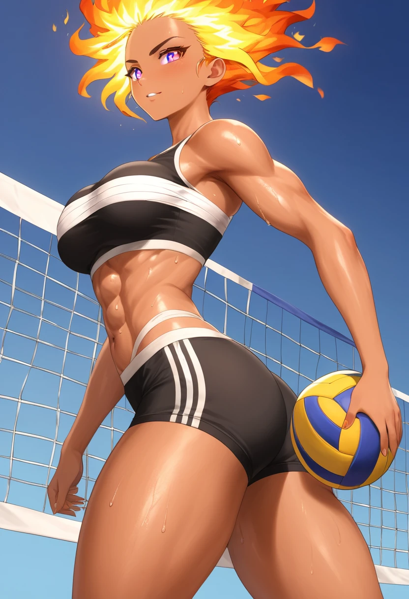 (masterpiece, 4k ,ultra detailed:1.2),(beautiful face:1.2),(anime:1.2),illustration,(solo:1.2),(dark skin:1.2),(looking at viewer:1.4),(supermodel:1.3),(basketball athlete:1.4),(basketball wear:1.5),(basketball:1.6),(sweaty skin:1.3),(white hair),(bangs pinned back:1.3),,(very short hair:1.5),(white panties),(string,Chiseled abs,bouquet,child,large breasts,petite:1.1),(sfw,nipple,dress,sports bra:1.5),(cinematic angle),(full body:1.2),(Cameltoe:1.3),(volleyball field:1.5),(show off Cameltoe:1.3),(basketball court:1.3)