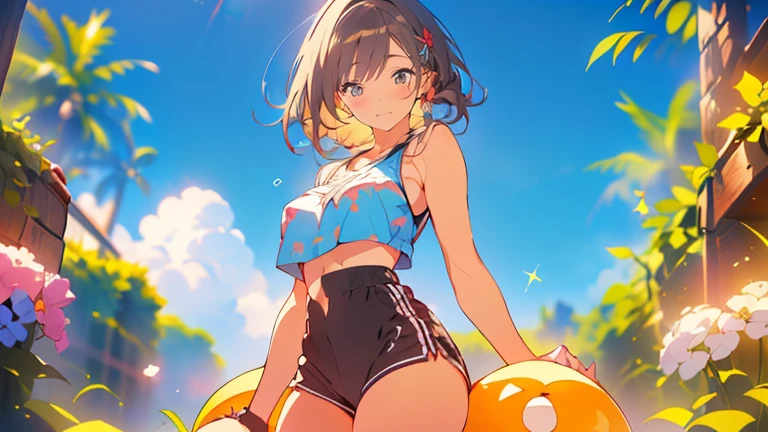 ((1 girl)), Latest trends in clothing, cheerful grin, animated expressions, Sportswear, shorts,blackstockings, racing, Garden ,((very detailled,highest quallity, high resolution, 8 k wallpaper, pretty clothing,)),(hair orange, Hair to the shoulders, juvenile,bouncy hair, ((asymmetrical bangs)) ,(shining blue eyes),ombre, eyeliner,glowing eye, very detailledな目, complex eyes, gorgeous eyes, 輝くBright blue eyes 17 year old