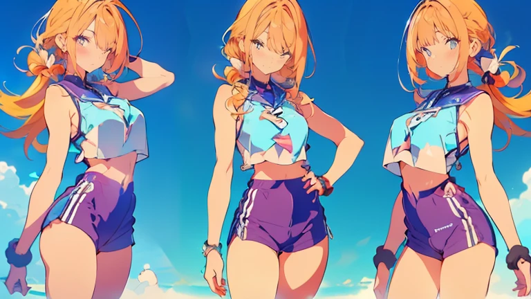 ((1 girl)), Latest trends in clothing, cheerful grin, animated expressions, Sportswear, shorts,blackstockings, racing, Garden ,((very detailled,highest quallity, high resolution, 8 k wallpaper, pretty clothing,)),(hair orange, Hair to the shoulders, juvenile,bouncy hair, ((asymmetrical bangs)) ,(shining blue eyes),ombre, eyeliner,glowing eye, very detailledな目, complex eyes, gorgeous eyes, 輝くBright blue eyes 17 year old