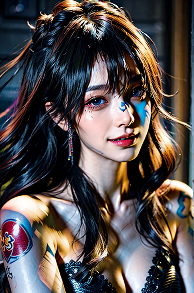 (masterpiece), best quality, ultra high res, close up, slim body, 1girl,, long hair, laughing, ramen, night, Tattoo on the face, colorful lights, photon mapping, radiosity, physically-based rendering, cinematic lighting, intricate, High Detail, Sharp focus, dramatic, photorealistic  