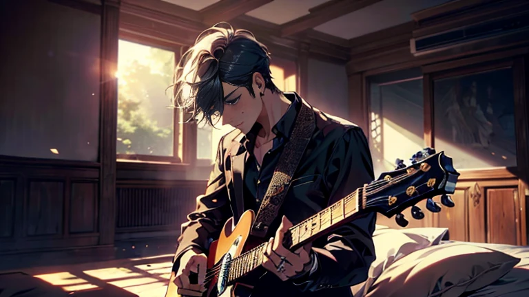 "Best quality , High Quality , best details ,Shot of a passionate guitarist,Father, In the bed room,A place where sunlight shines through , Create a play of light and shadow. Guitarist holding wood guitar, Inside the room, Black colors shirt stand out. A passionate performance moment, Musicians are immersed in music,Beautiful sky,One androgynous young man,short hairstyles, blue eyes, handsome, father,wear wedding ring in finger"