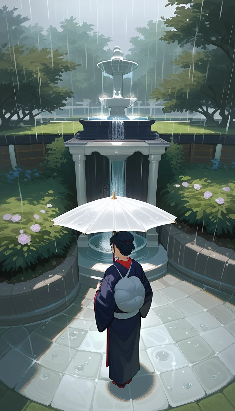 score_9, score_8_above, score_7_above, fountain_cheered up, detailed, 8k, cinematic angle, secure rating, plano general, A woman in a kimono holding an umbrella stands in a Japanese garden in the rain.