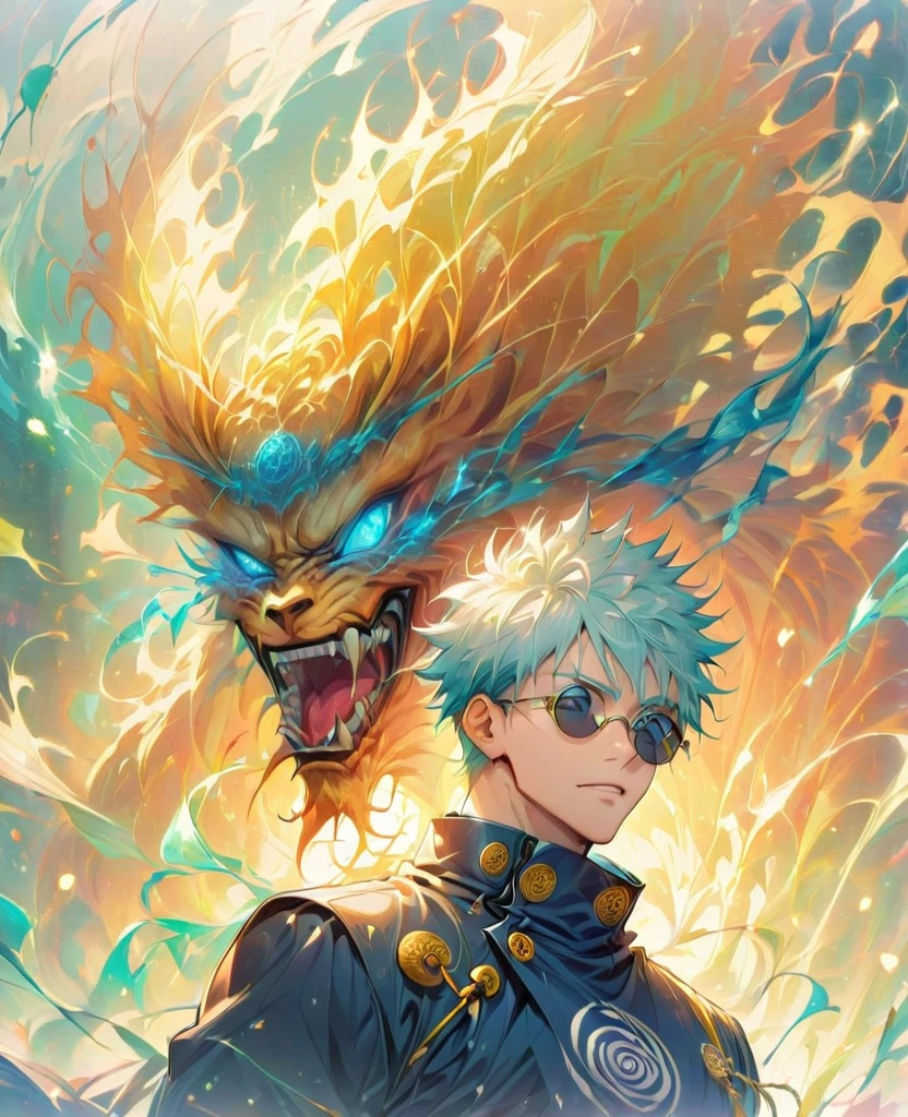 (One boy,gojou satora,JUJUTSU KAİSEN),black round lens sunglasses,artwork