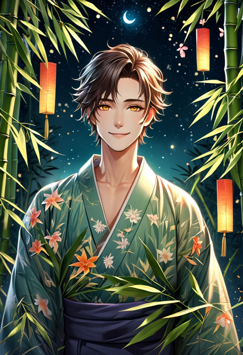 (masterpiece, 8K, Absurd, Digital Art, Digital Illustration, Realistic, Very detailed, Realistic lighting), (Perfect Face, Perfect Eyes, Perfect body), male,1 person、Miyabi、On the night of Tanabata, a young man stands in front of a bamboo leaf. He is wearing a traditional yukata robes and has a gentle smile on his face. In the background, there are many bamboo leaves and colorful paper strips, creating a bright and festive atmosphere of the festival. Stars shine in the night sky, creating a fantastic and beautiful scene. The man has flowers in his hair, which, together with his smile, emphasizes the calm and happy mood.