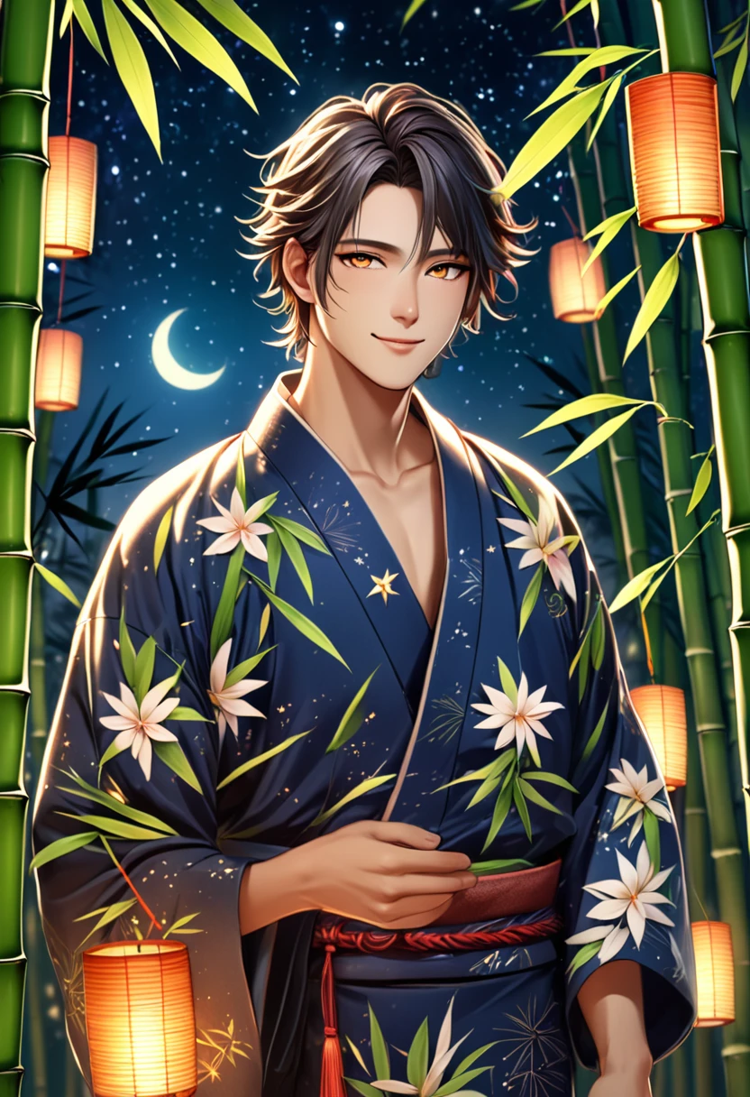 (masterpiece, 8K, Absurd, Digital Art, Digital Illustration, Realistic, Very detailed, Realistic lighting), (Perfect Face, Perfect Eyes, Perfect body), male,1 person、Miyabi、On the night of Tanabata, a young man stands in front of a bamboo leaf. He is wearing a traditional yukata robes and has a gentle smile on his face. In the background, there are many bamboo leaves and colorful paper strips, creating a bright and festive atmosphere of the festival. Stars shine in the night sky, creating a fantastic and beautiful scene. The man has flowers in his hair, which, together with his smile, emphasizes the calm and happy mood.