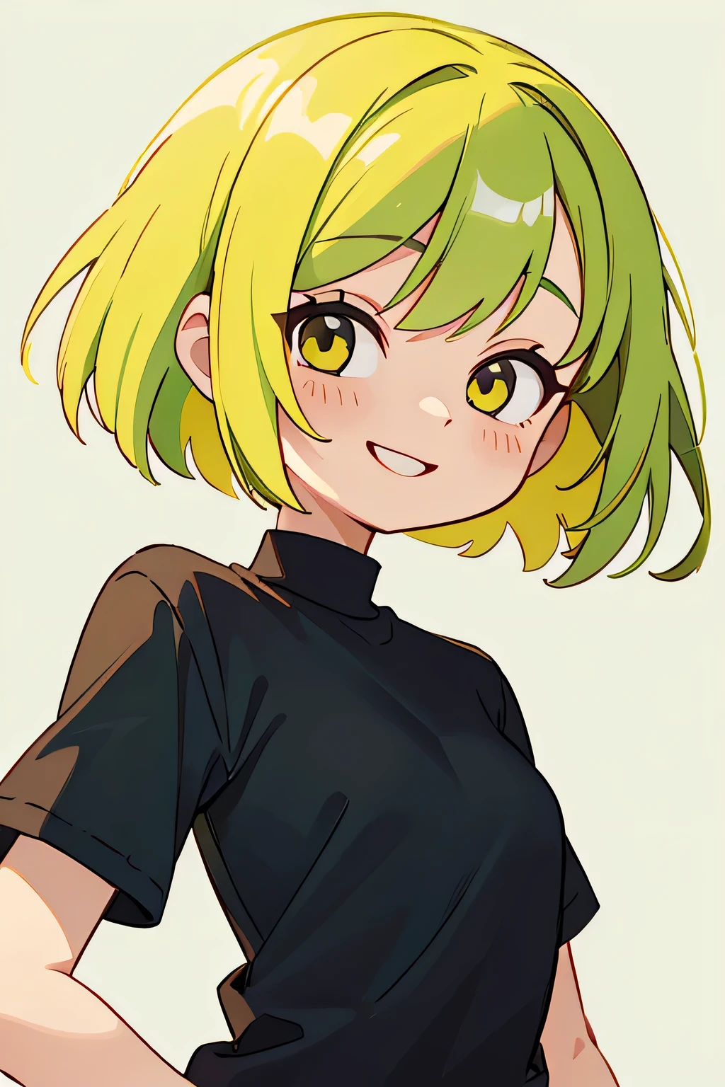 Woman in her 20s、cute、Yellow-green hair、Dark Eyes、Bob hairstyle、Black Shirt、smile、No background、Background white