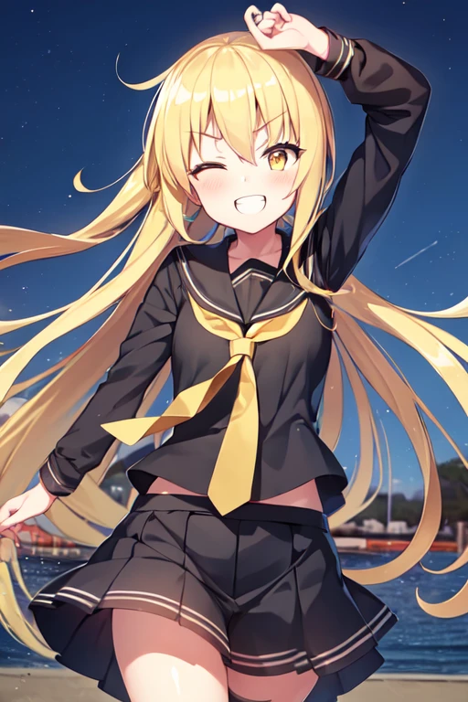 1girl, satsuki, kantaicollection, serafuku, blonde_hair, long_hair, yellow_eyes, serafuku, smile, outdoor, one eye closed, grin, crescent_pin, open_mouth, necktie, (masterpiece), high resolution, 8k, best quality
