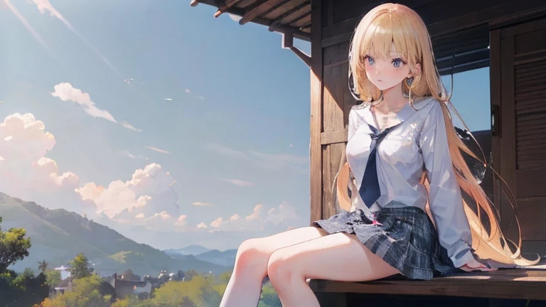 (work of art:1.2, maximum quality), (realisitic, photorealisitic:1.4), beautiful illustration, (natural side lighting, film lighting), ,
(gazing at viewer), 1 girl, Japanese, high school girl, face perfect, beautiful face e simétrico, shining skin, ,
(long hair:1.2, half hairstyle:1.4, hair blonde), rhombus stripe, gold eyes, droopy eyes, long eye whip, (breasts big:0.6), ((naked legs)),
cute hair, beautiful face, beautiful detailed eyes, beautiful collarbone, Body cute, nice chest, beautiful thighs, Nice legs,
((white collar shirts, grey pleated skirt, blackstockings, red plaid tie), panties pink),
(beautiful scenery), day time, school roof, (facing the front), (Impatient expression, blush cheeks, embarrassed expression), (((skirt puller, Windlift))),