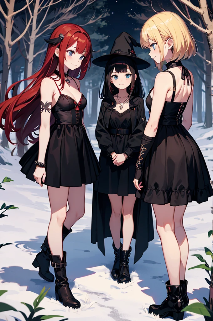 Hot adult anime women in very revealing costumes trick or treating in a grave yard with monsters in the style of anime.