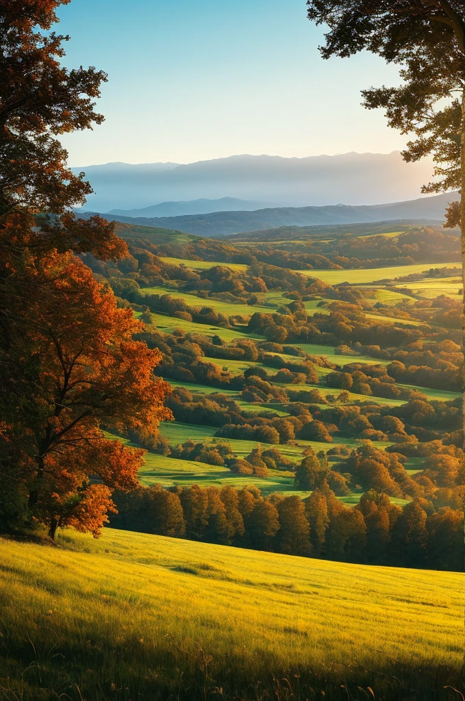 arafed view of a field with trees and bushes in the foreground, a matte painting by Carl Rahl, flickr, tonalism, intricate foreground, dramatic warm morning light, dramatic cold light, beautifully lit landscape, warm beautiful scene, extremely beautiful and ethereal, cold but beautiful, amazing landscape, beautiful!!!, gorgeous composition, marc adamus, dramatic morning light