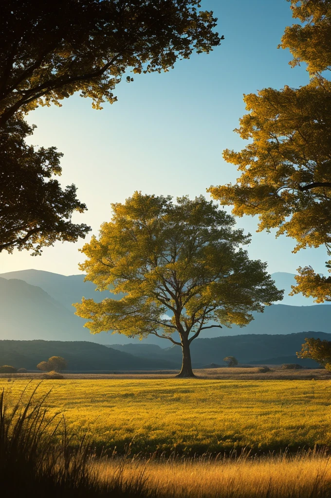 arafed view of a field with trees and bushes in the foreground, intricate foreground, by Carl Rahl, dramatic warm morning light, dramatic cold light, beautifully lit landscape, by Michael James Smith, by Mia Brownell, warm beautiful scene, extremely beautiful and ethereal, cold but beautiful, amazing landscape, beautiful!!!, gorgeous composition, marc adamus, dramatic morning light