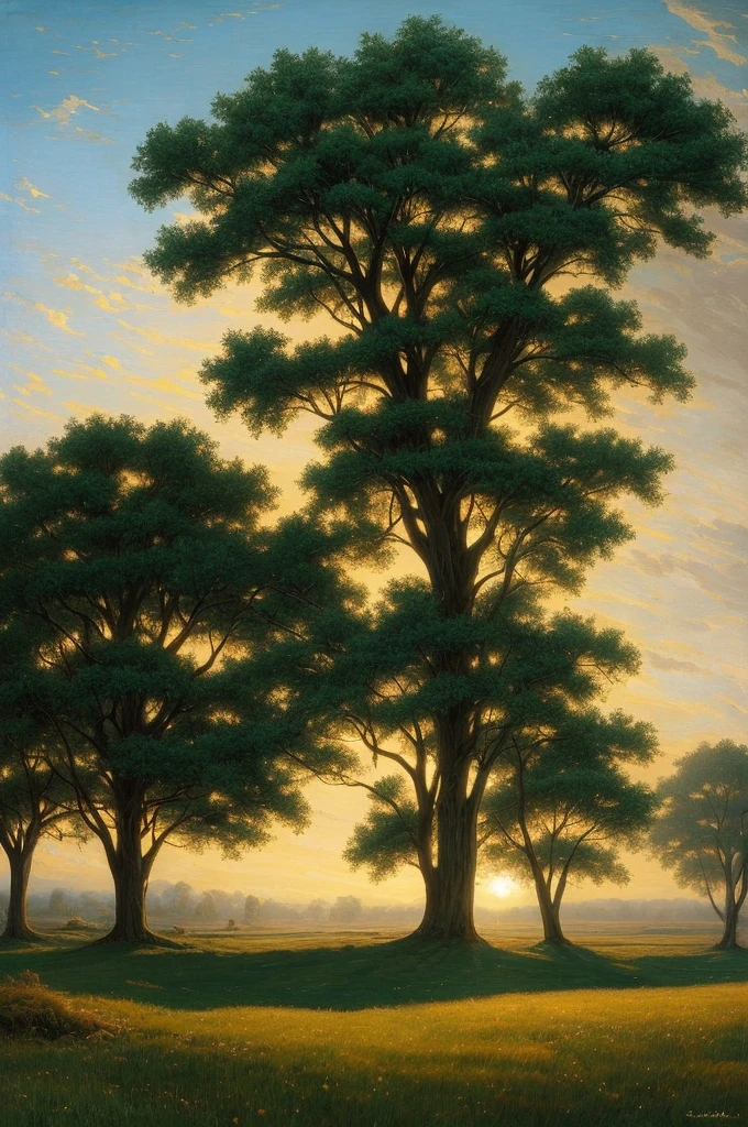 arafed view of a field with trees and bushes in the foreground, a matte painting by Carl Rahl, flickr, tonalism, intricate foreground, dramatic warm morning light, dramatic cold light, beautifully lit landscape, warm beautiful scene, extremely beautiful and ethereal, cold but beautiful, amazing landscape, beautiful!!!, gorgeous composition, marc adamus, dramatic morning light