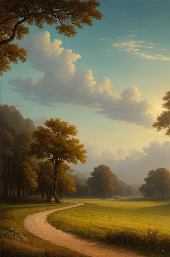 arafed view of a field with trees and bushes in the foreground, a matte painting by Carl Rahl, flickr, tonalism, intricate foreground, dramatic warm morning light, dramatic cold light, beautifully lit landscape, warm beautiful scene, extremely beautiful and ethereal, cold but beautiful, amazing landscape, beautiful!!!, gorgeous composition, marc adamus, dramatic morning light