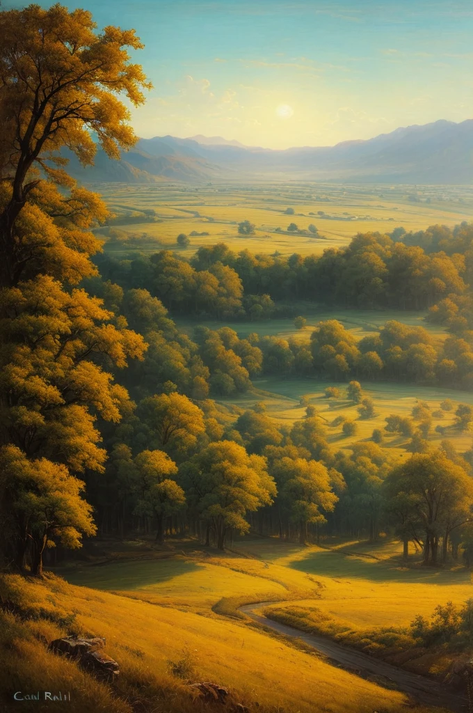 arafed view of a field with trees and bushes in the foreground, a matte painting by Carl Rahl, flickr, tonalism, intricate foreground, dramatic warm morning light, dramatic cold light, beautifully lit landscape, warm beautiful scene, extremely beautiful and ethereal, cold but beautiful, amazing landscape, beautiful!!!, gorgeous composition, marc adamus, dramatic morning light