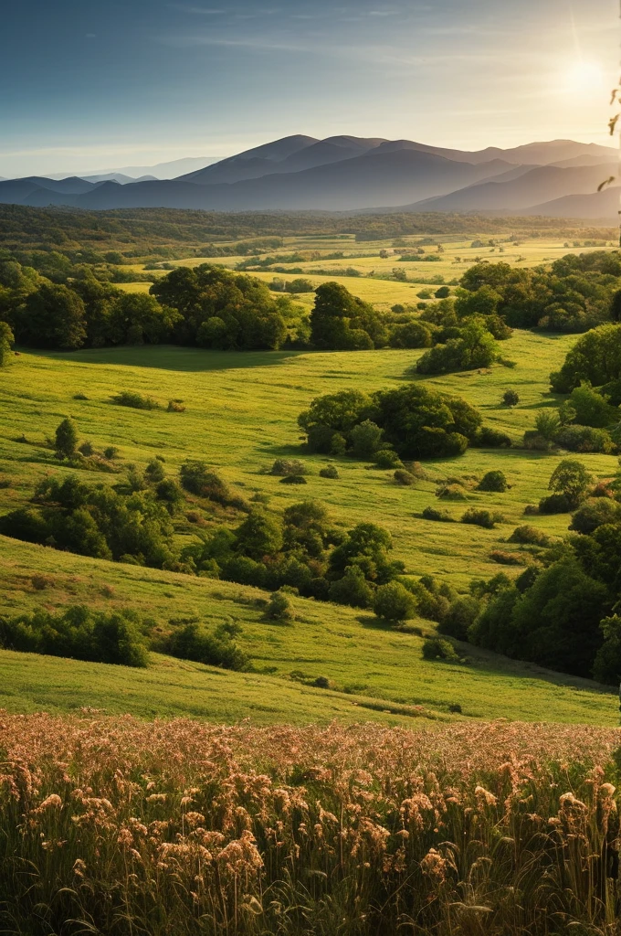 arafed view of a field with trees and bushes in the foreground, intricate foreground, by Carl Rahl, dramatic warm morning light, dramatic cold light, beautifully lit landscape, by Michael James Smith, by Mia Brownell, warm beautiful scene, extremely beautiful and ethereal, cold but beautiful, amazing landscape, beautiful!!!, gorgeous composition, marc adamus, dramatic morning light