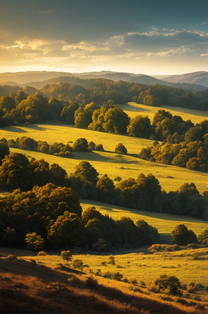 arafed view of a field with trees and bushes in the foreground, a matte painting by Carl Rahl, flickr, tonalism, intricate foreground, dramatic warm morning light, dramatic cold light, beautifully lit landscape, warm beautiful scene, extremely beautiful and ethereal, cold but beautiful, amazing landscape, beautiful!!!, gorgeous composition, marc adamus, dramatic morning light