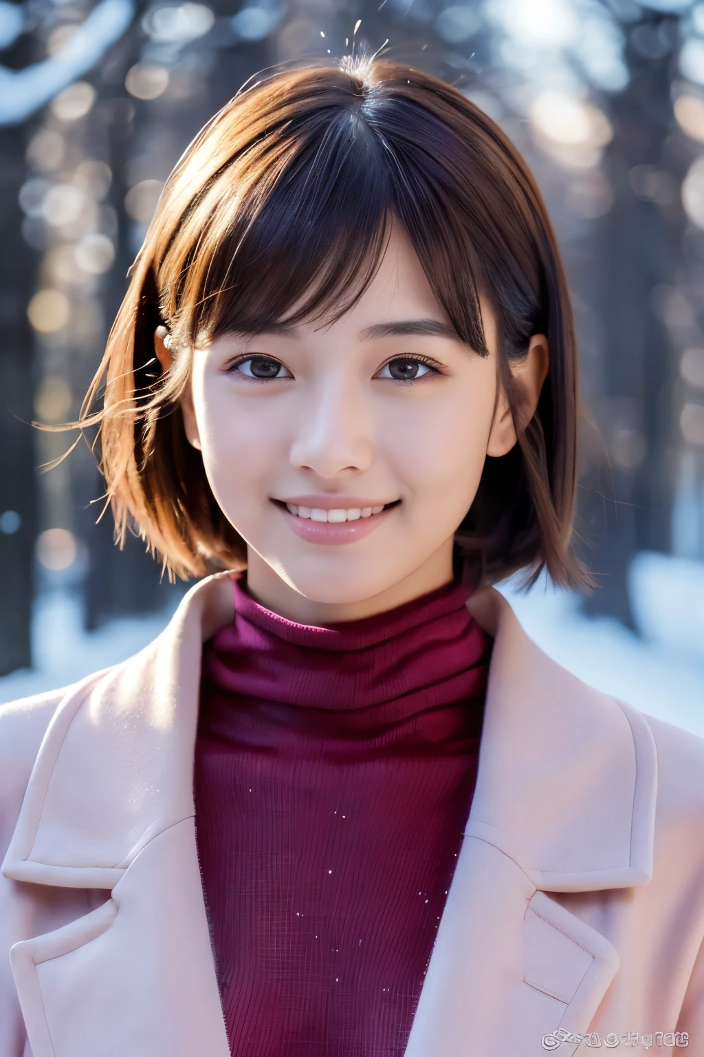 1girl in, (Red Turtleneck, Wearing a pink coat:1.2), (Raw photo, Best Quality), (Realistic, Photorealsitic:1.4), masutepiece, Extremely delicate and beautiful, Extremely detailed, 2k wallpaper, amazing, finely detail, the Extremely Detailed CG Unity 8K Wallpapers, Ultra-detailed, hight resolution, Soft light, Beautiful detailed girl, extremely detailed eye and face, beautiful detailed nose, Beautiful detailed eyes, Short hair, Cinematic lighting, Winter scene, Perfect Anatomy, Slender body, Smiling
INFO　camisole