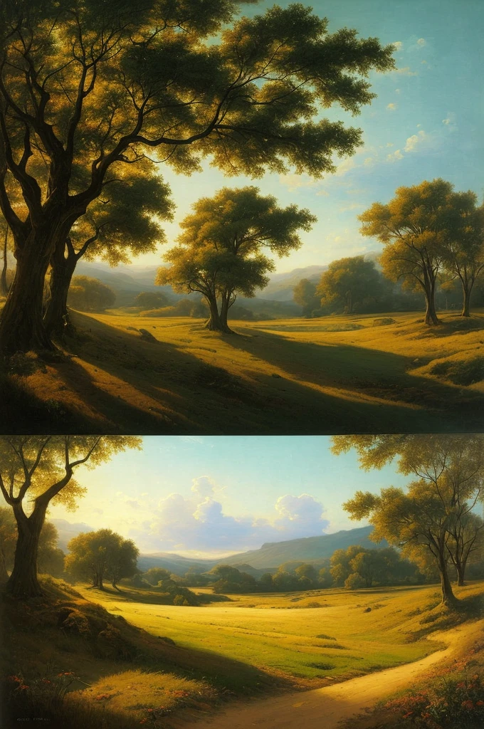 arafed view of a field with trees and bushes in the foreground, a matte painting by Carl Rahl, flickr, tonalism, intricate foreground, dramatic warm morning light, dramatic cold light, beautifully lit landscape, warm beautiful scene, extremely beautiful and ethereal, cold but beautiful, amazing landscape, beautiful!!!, gorgeous composition, marc adamus, dramatic morning light