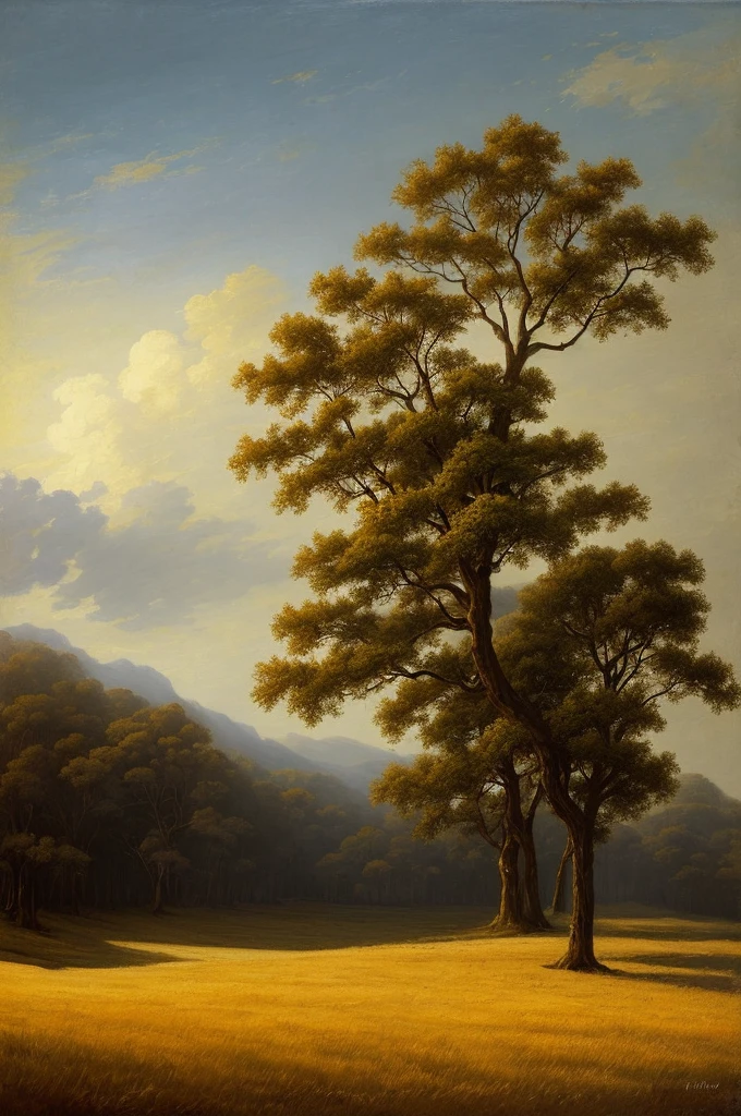 arafed view of a field with trees and bushes in the foreground, a matte painting by Carl Rahl, flickr, tonalism, intricate foreground, dramatic warm morning light, dramatic cold light, beautifully lit landscape, warm beautiful scene, extremely beautiful and ethereal, cold but beautiful, amazing landscape, beautiful!!!, gorgeous composition, marc adamus, dramatic morning light