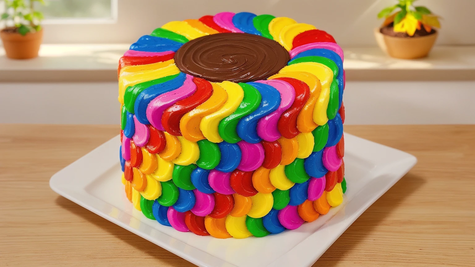 on a wooden table. there is a square white plate. rainbow cream cake. smears of cream in a checkerboard pattern, hole with chocolate drips on top, ((cream highlights)), against the background of the kitchen, Kitchenware, vases with plants, Beautiful light from the window, contour light, Multiple light sources, beautiful sunlight, Bright light source, bright lighting, beautiful light sources, Multiple light sources, Realistic style , realistic texture, detailed texture, A high resolution, high quality, macro photography